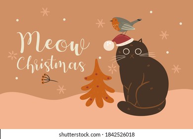 Postcard with a winter cat and a bird. Vector graphics.