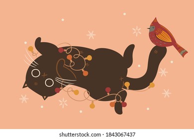 Postcard with a winter cat and a bird. Vector graphics.