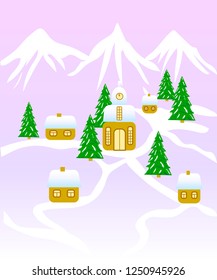 Postcard from the winter elements - home, christmas tree, church, snow. 