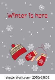 Postcard with winter hat, mittens and cozy slogan in flat design. Vector illustration