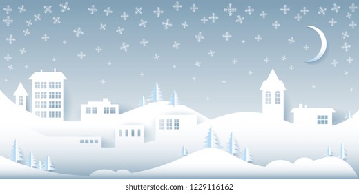 Postcard. Winter landscape. Banner. Flyer. Vector greeting card with winter landscape and snowflakes. Vector graphics. Artistic background