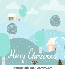 Postcard with a winter landscape for the holiday of Christmas. Vector winter illustration.