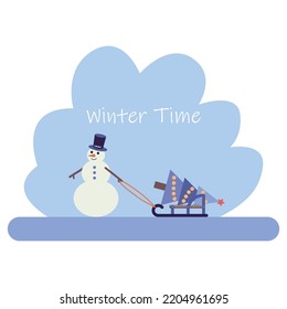 Postcard winter time with snowman, sledge and Christmas tree. vector illustration