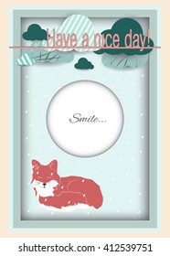 Postcard, wish a good day and a positive mood. Red fox in the rain and the clouds. Animal world. Good mood.