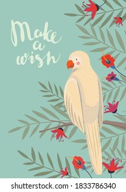 Postcard with wishes with a beautiful parrot on a branch. Jungle plants on a blue background. Vector illustration.