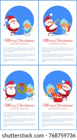 Postcard with wishes, cheerful Santa Claus and Snow Maiden, sing dance, congratulates with Christmas and giving gifts, on white background, text sample
