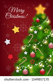 Postcard wishes of Merry Christmas and shiny fir-tree. Winter holiday card decorated by tree with garland and Xmas toys. Festive sale and business promotion of shopping with celebration object vector