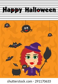 Postcard witch on an orange background with a pot and a broom