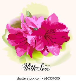 Postcard "With love" with red flowers.  Hand-drawn illustration. Vector.
