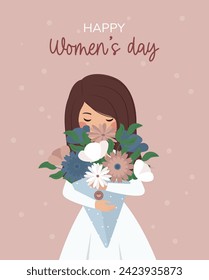 A postcard with a woman in with a bouquet of blue, pink, white flowers with a tag on a pink background. March 8, International Women's Day. Flat Vector Illustration EPS10