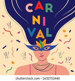 Postcard with woman in carnival mask. Card for carnival in Brazil. Abstract memphis background. Concept of festival, party. Design element for banner, poster, card. Flat vector illustration