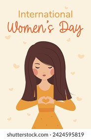 A postcard with a woman in full height with a bouquet of blue, red, white flowers with a tag on a blue background. March 8, International Women's Day. Flat Vector Illustration EPS10