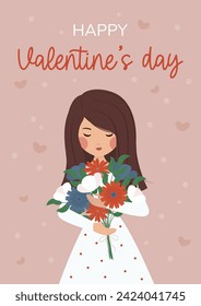 Postcard with a woman, a girl with a bouquet of blue, red, white flowers with hearts on a pink background.  Vector illustration of EPS10.