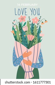 Postcard with woman hugging bouquet of flowers. Woman hiding face behind flowers. Love you written at the top of the postcard. Concept of Valentine's Day, love, relationship. Flat vector illustration