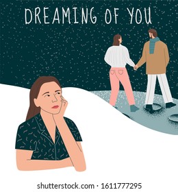 Postcard with woman thinking of her love. Woman dreaming of man. Dreaming of you you written at the top of the postcard. Concept of Valentine's Day, love, relationship. Flat vector illustration