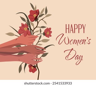 Postal para el Día de la Mujer. Hermosas manos femeninas sosteniendo un hermoso ramo de flores de primavera. Movimientos para la igualdad de género y el empoderamiento de las mujeres. Anuncio de Vector.