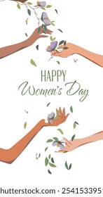 Postcard for Women's Day. Flowers and leaves fall into beautiful hands of different women. Movements for gender equality and women's empowerment. Vector banner.