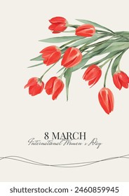 Postcard for Women's Day, March 8, Happy Mother's Day with Watercolor Red Tulips. Cover with Spring Flowers. Vector Templates