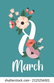 Postcard for women's day. Numeral 8 with flowers on a blue background. 