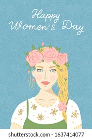 Postcard for women's day on March 8. Portrait of a beautiful blonde girl with a wreath of roses. Vector flat illustration with calligraphy.