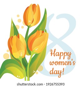 
Postcard for Women's Day on March 8. Yellow tulips. Spring, vector illustration. Postcard. International Women's Day.
Template for advertising, web, social media and fashion advertising.