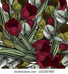 A postcard for Women's Day on March 8. Colorful, graphic tulips. Spring, vector illustration. Botany. International Women's Day. Seamless pattern of colors. An unusual bouquet of flowers.