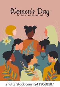 Postcard for Women's Day with women of different nationalities and religions. Vector.