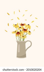 postcard for the women's holiday garden bouquet with yellow daisies, rudbeckia flowers in a tin jug and petals in the air