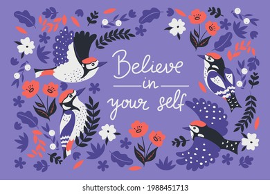 Postcard with woodpeckers and flowers. Vector graphics.