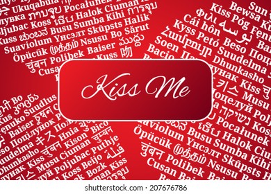 Postcard of word "Kiss" in different languages of the world on gradient red background