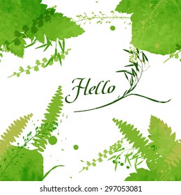 Postcard with the words "Hello" on green watercolor background with wildflowers. Hand drawn lettering. For the development of an invitation to a party, summer design. Vector illustration.