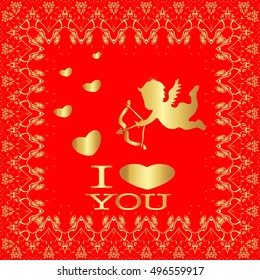 Postcard.  The words "I love you". Red background, gold frame pattern.
Cupid. Heart.
