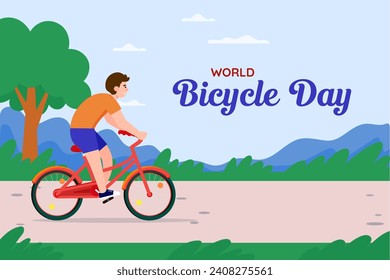 Postal para el Día Mundial de la Bicicleta.  Ilustración de moda vectorial.