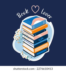 Postal para el día mundial del libro. Leer buenos libros. Pila de libros para leer en diseño plano con plantas.