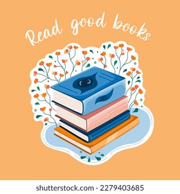Postcard for world book day. Read good books. Stack of books to read in flat design style with plants.