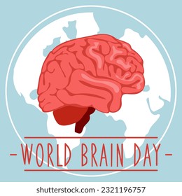 Postal para el Día Mundial del Cerebro, ilustración vectorial con un lindo cerebro en estilo de caricatura en el fondo de la tierra. 22 de julio en colores rosa y azul con un cerebro de dibujos animados. Medicina, salud humana