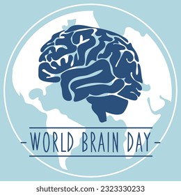 Postcard for World Brain Day, vector illustration with a cute brain in cartoon style on the background of the earth. July 22 and the bright blue silhouette of the human brain. Medicine, human health.
