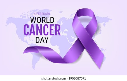 Postcard World Cancer Day With Realistic Violet Ribbon With Gradient Mesh, Vector Illustration