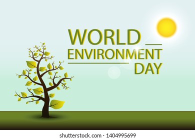 Postcard for World Environment Day, a signature on the background of wood, sun and sun glare, vector illustration