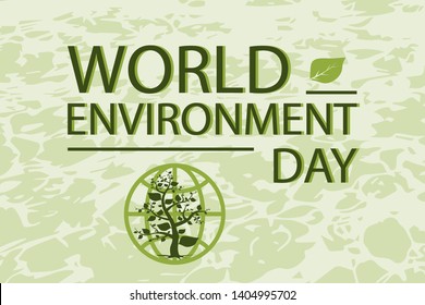 Postcard for World Environment Day, a signature on a green background with a globe of the Earth and a tree, vector illustration