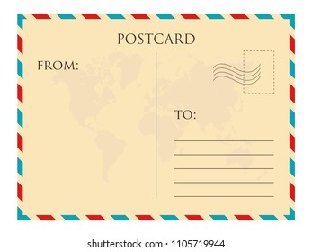 Postcard with world map on a background and colorful stripes