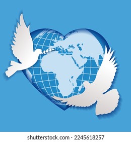 Postcard for World Peace Day, with the image of the sky, a dove, a green branch and a globe of the earth, Africa, Europe and Asia on the background of a heart