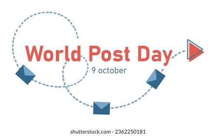 Día Mundial del Post con tarjeta postal. Volando letras en la dirección. Sobres azules y flecha punteada. Felicitaciones por la festividad del 9 de octubre. Colores rojo y azul. Ilustración del vector