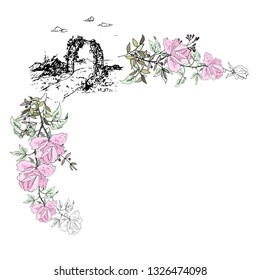 Postcard. Wreath of roses. Sketch of the Park. Vector illustration.