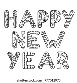 postcard with written words Happy New Yearor. antistress coloring in doodle style
