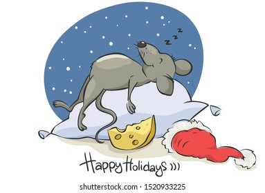 Postcard to the year of the rat / Vector illustration, funny Mouse with cheese
