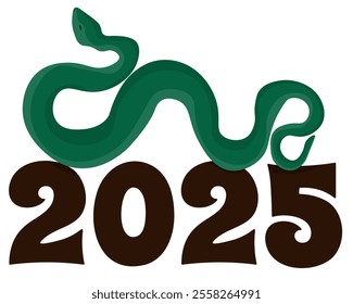 Postcard for the year of the Snake, a large green reptile on the number 2025 for the design of a simple card or poster with the symbol of the Chinese horoscope vector illustration