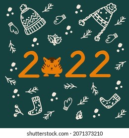 Postcard Year of the Tiger 2022. Chinese New Year greeting card. Illustration of figures with a wild animal in a circle of warm clothes. Vector illustration