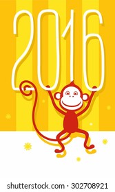 Postcard yellow, gold, red monkey, 2016, New year. Christmas card with red monkey 2016 and figures on a yellow striped background.  