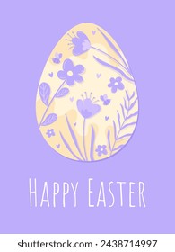 A postcard in yellow and purple tones for the Easter holiday. An illustrated Easter egg with flowers, flowers, hearts and bees.